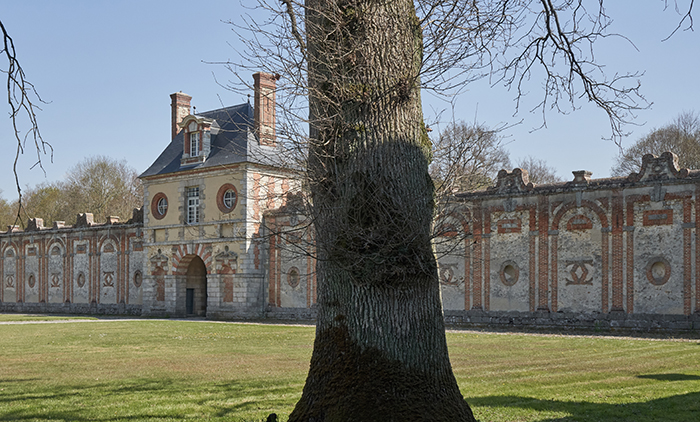 photo de la porte et murs de l'enceinte du château avec un arbre au premier plan