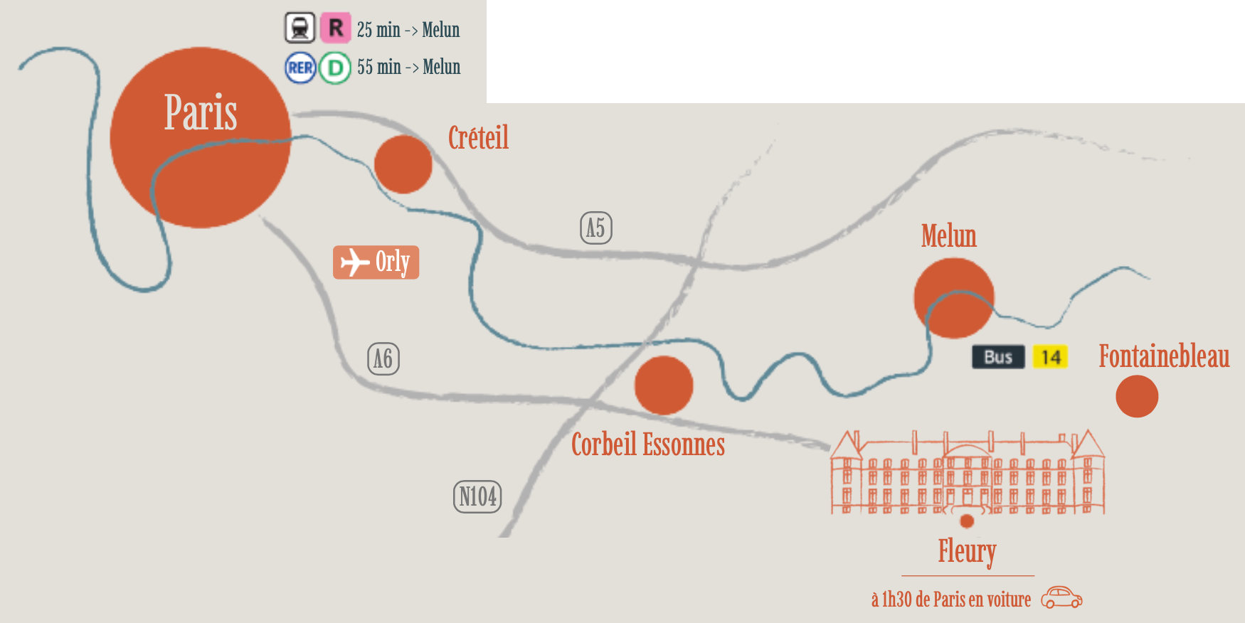 carte déssinée à la main, itinéraire paris - château de fleury