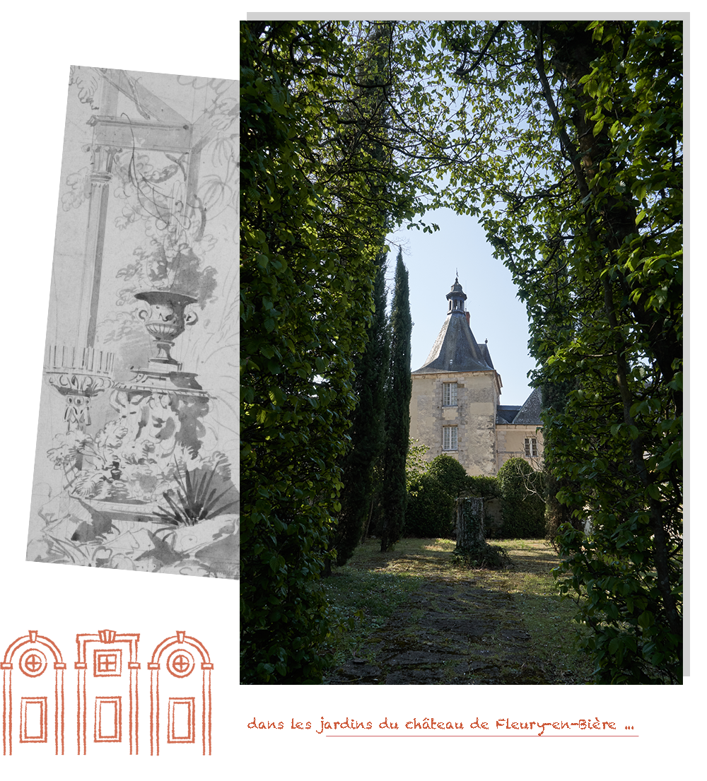 photo actuelle des jardins du château et dessin d'une ancienne décoration