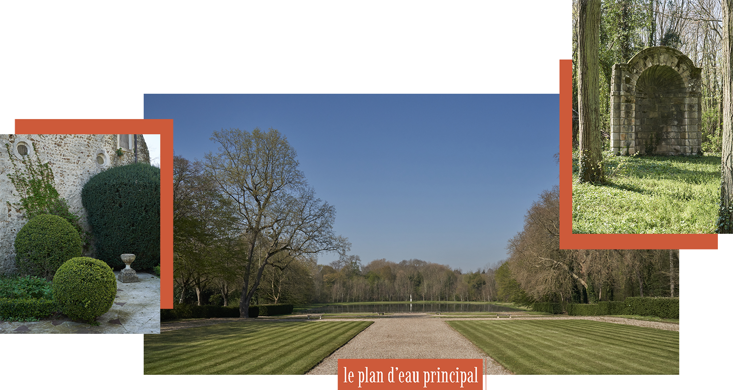 3 photos, la première des buissons provenant des jardins, la deuxième le plan d'eau principal et la troisième un édifice dans le parc du château de fleury
